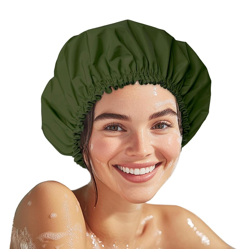 CHFONG Shower Cap for Women, Double Layer Waterproof Bath Cap, Reusable Hair Protector, Large Waterproof Shower Bonnet Washable Elastic Band Bath Hair Hat for Long Hair, Braids， - Dark Green - Image 1